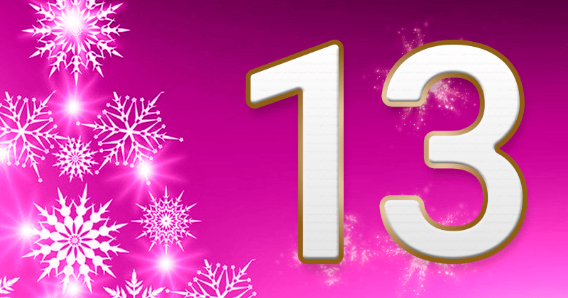 Auf purpurfarbenem Hintergrund steht eine goldumrandete Dreizehn. Links davon sind unterschiedlich große Schneeflocken.