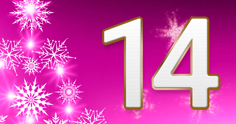 Auf purpurfarbenem Hintergrund steht eine goldumrandete Vierzehn. Links davon sind unterschiedlich große Schneeflocken.