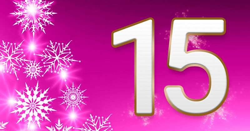 Auf purpurfarbenem Hintergrund steht eine goldumrandete Fünfzehn. Links davon sind unterschiedlich große Schneeflocken.