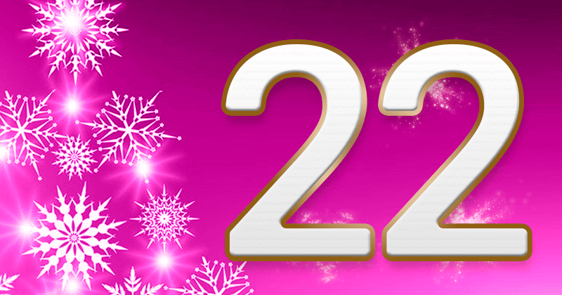 Auf purpurfarbenem Hintergrund steht eine goldumrandete Zweiundzwanzig. Links davon sind unterschiedlich große Schneeflocken.