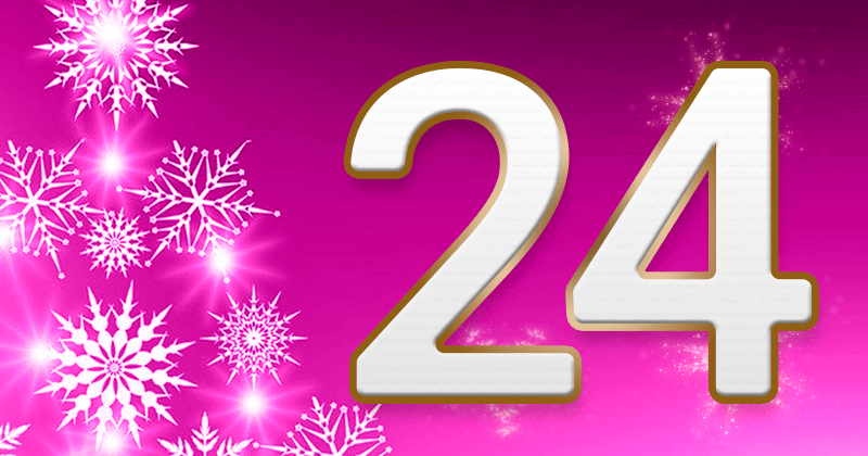 Auf purpurfarbenem Hintergrund steht eine goldumrandete Vierundzwanzig. Links davon sind unterschiedlich große Schneeflocken.